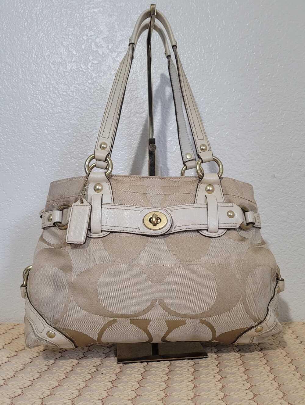 Coach Signature Carly Carryall Satchel Canvas Shoulder Bag W/Ivory Trim 13237